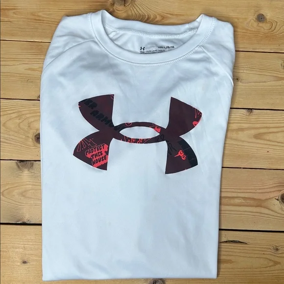 Under Armour Men's Sz YXL White Long Sleeve Tee with Red Logo - Picture 5 of 5